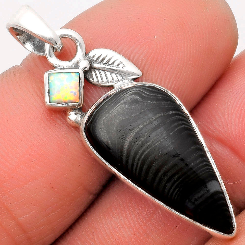 Crown Of Silver Psilomelane Black Malachite & Fire Opal Silver Pendant P-1652 SDP110033