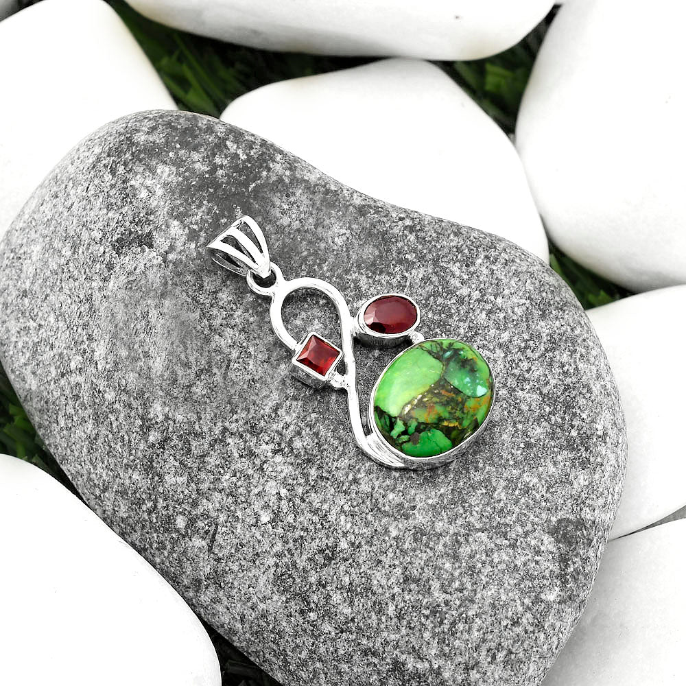 Natural Green Matrix Turquoise & Garnet Pendant P-1027 SDP115515