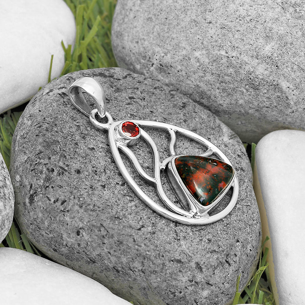 Natural Blood Stone - India & Garnet Pendant P-1572 SDP136009