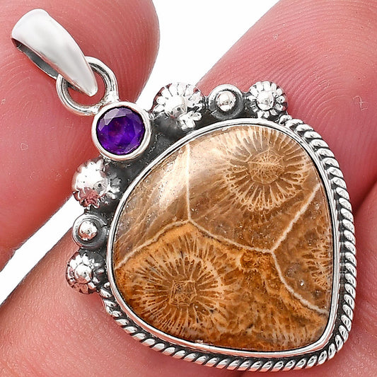 Flower Fossil Coral & Amethyst Pendant P-1482 SDP144385