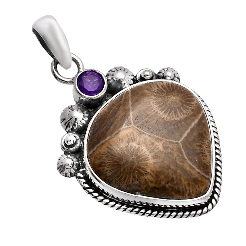 Flower Fossil Coral & Amethyst Pendant P-1482 SDP144385