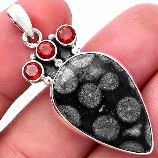 Black Flower Fossil Coral & Garnet Pendant P-1120 SDP145327