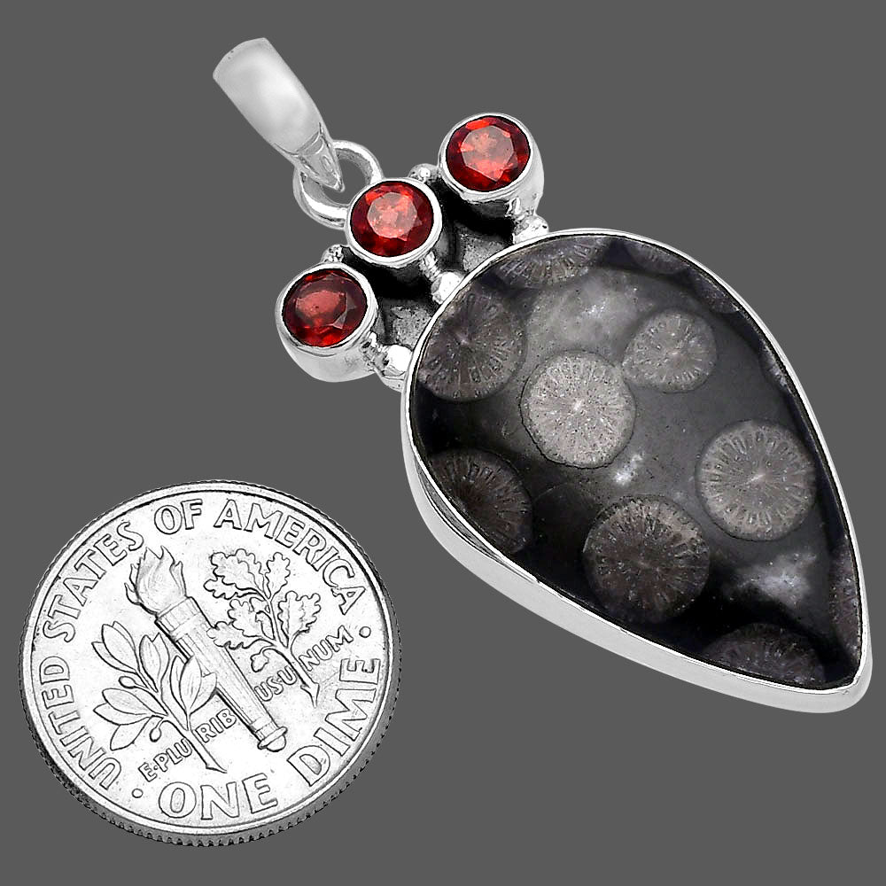 Black Flower Fossil Coral & Garnet Pendant P-1120 SDP145327