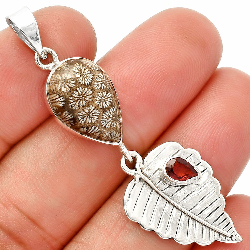 Leaf - Flower Fossil Coral & Garnet Pendant P-1539 SDP148222