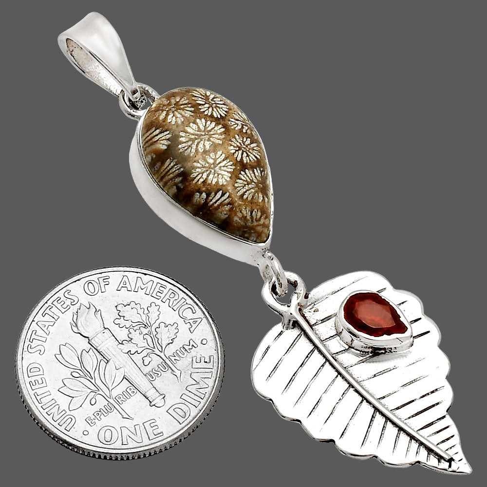 Leaf - Flower Fossil Coral & Garnet Pendant P-1539 SDP148222