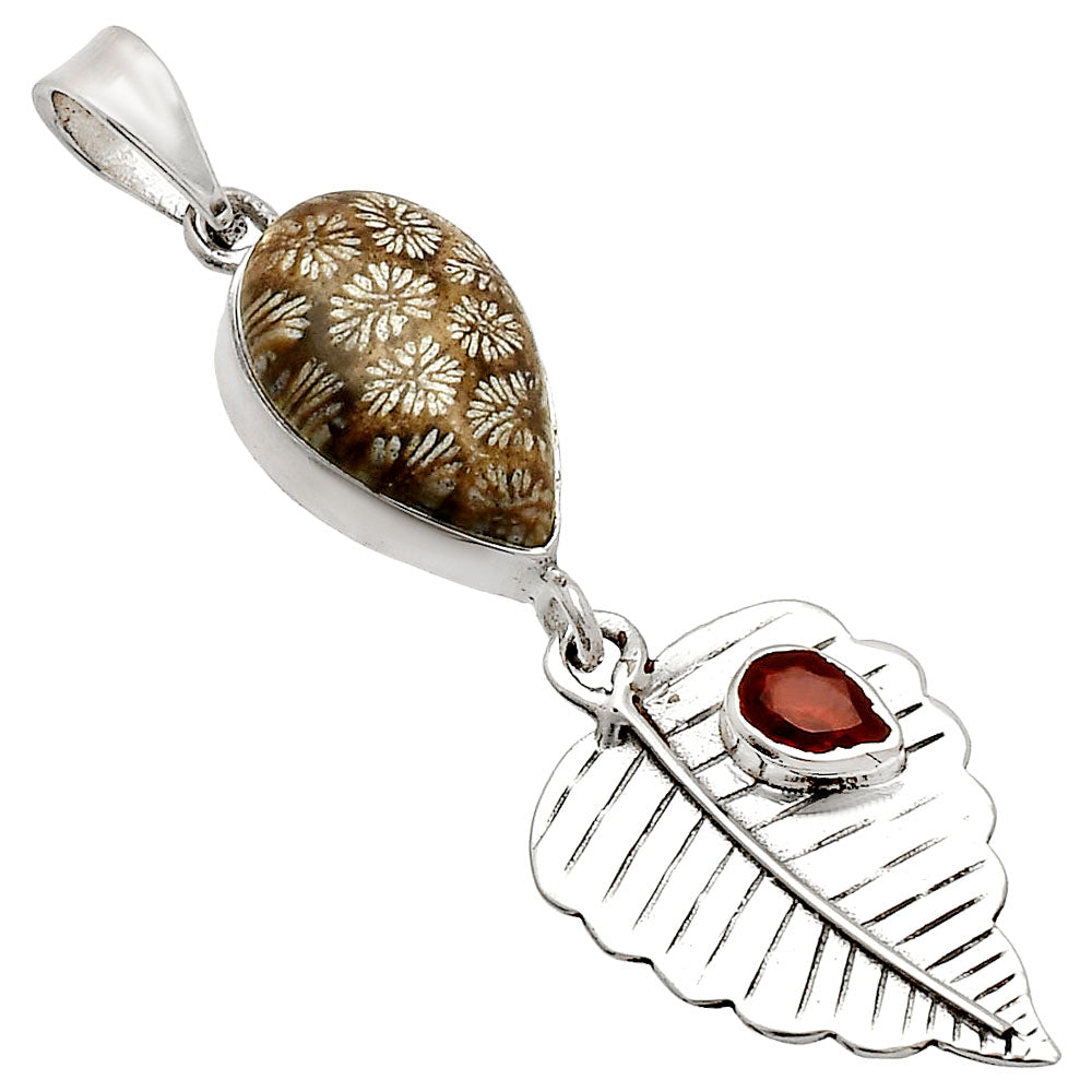 Leaf - Flower Fossil Coral & Garnet Pendant P-1539 SDP148222