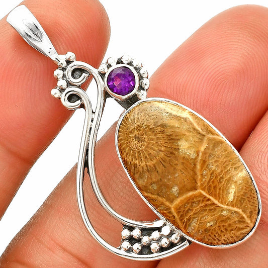 Flower Fossil Coral & Amethyst Pendant P-1573 SDP148762