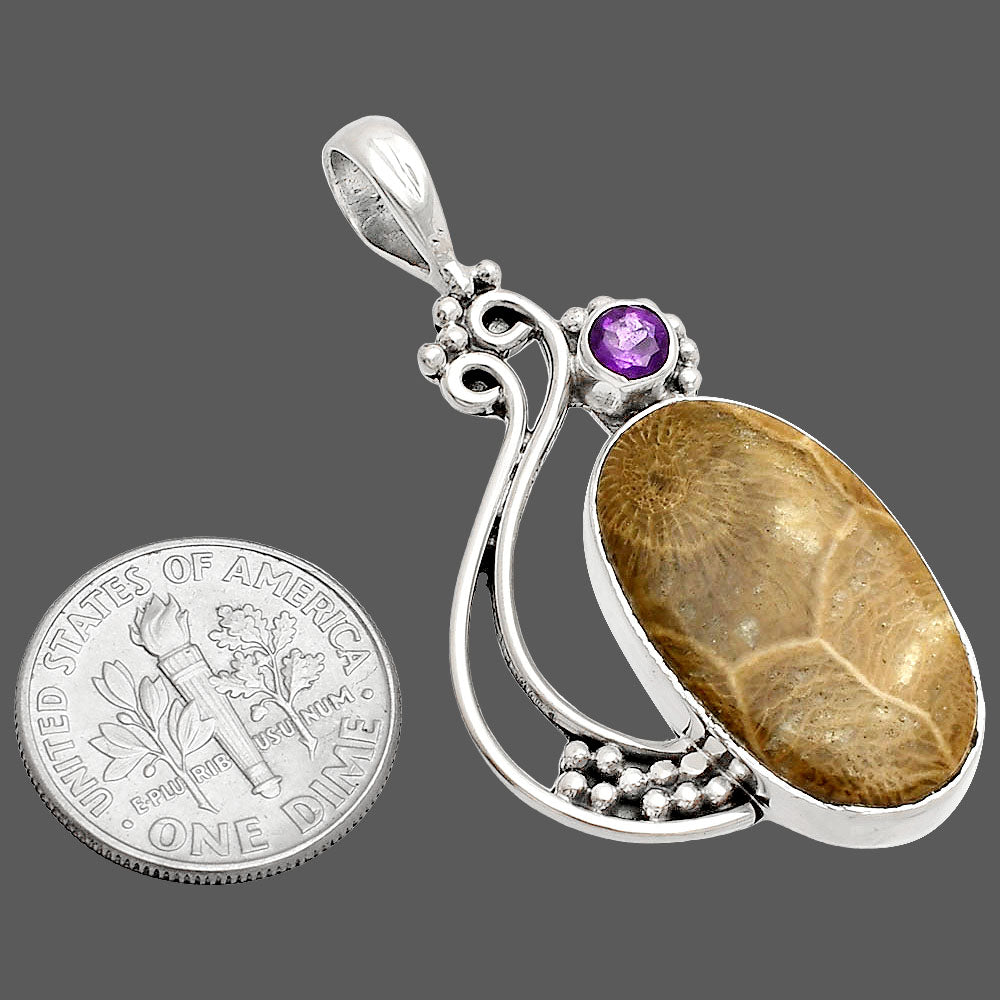 Flower Fossil Coral & Amethyst Pendant P-1573 SDP148762