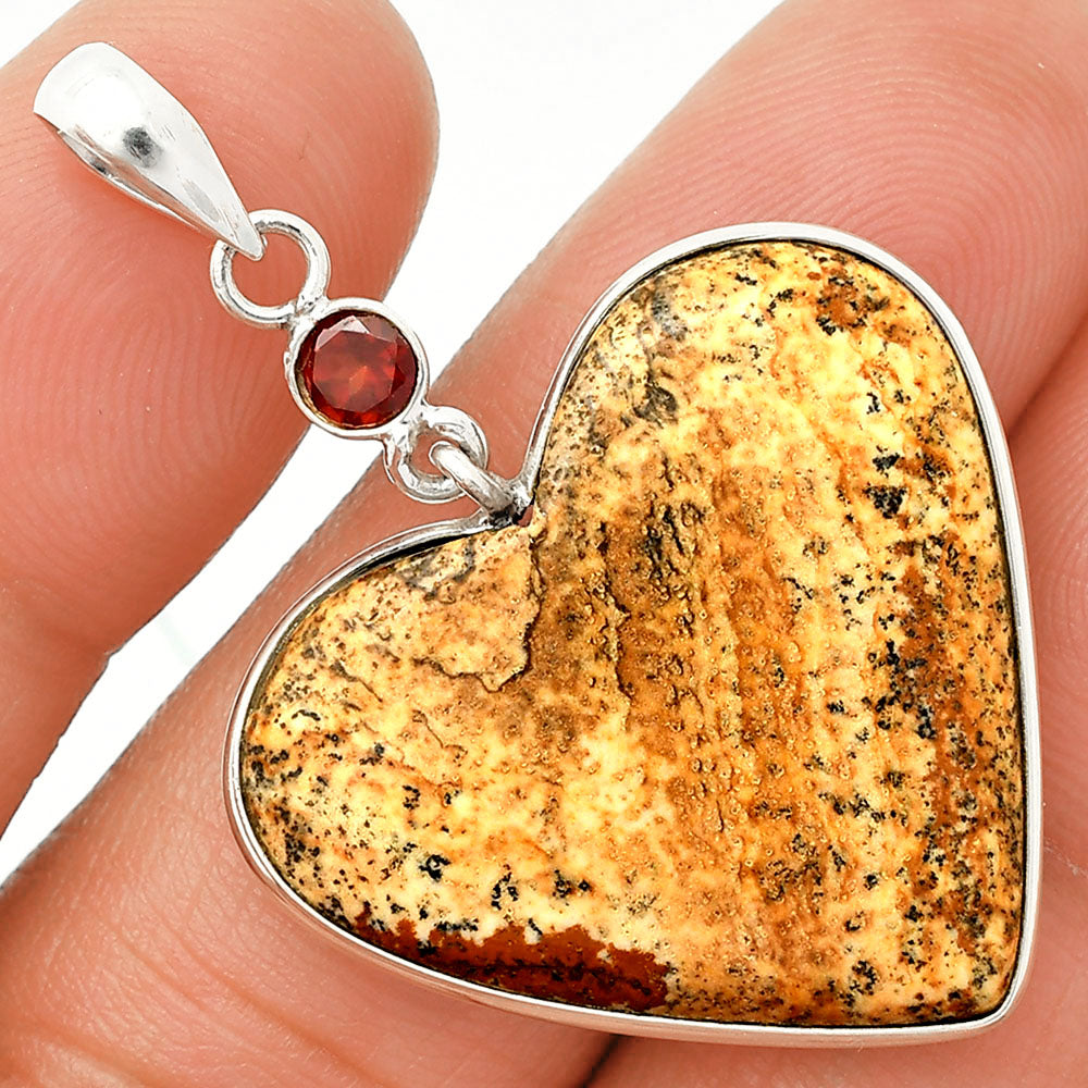 Heart - Picture Jasper & Garnet Pendant P-1098 SDP150115