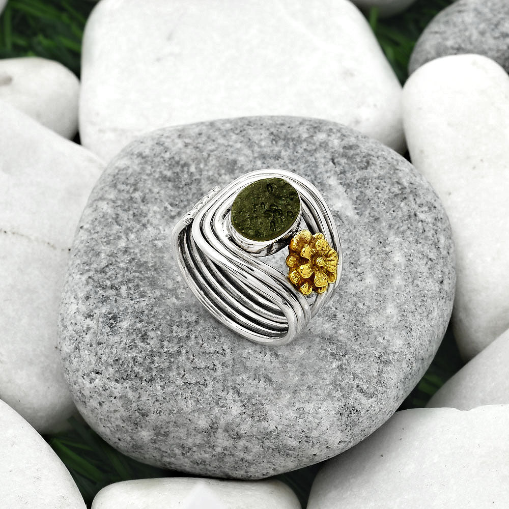 Two Tone Adjustable Flower - Tektite Rough Ring size-6.5 R-1491 SDR150933