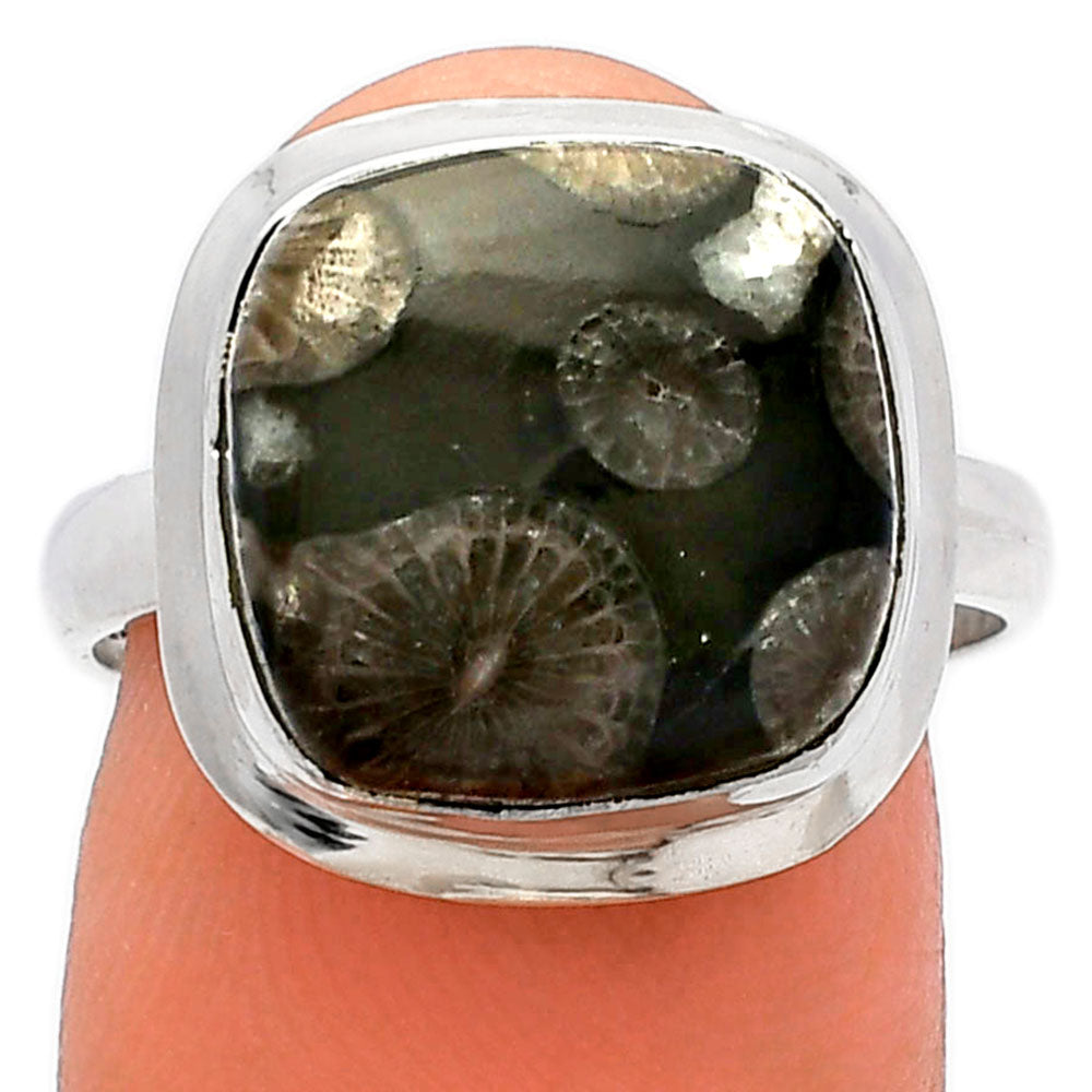 Natural Black Flower Fossil Coral Ring size-8 R-1007 SDR226313