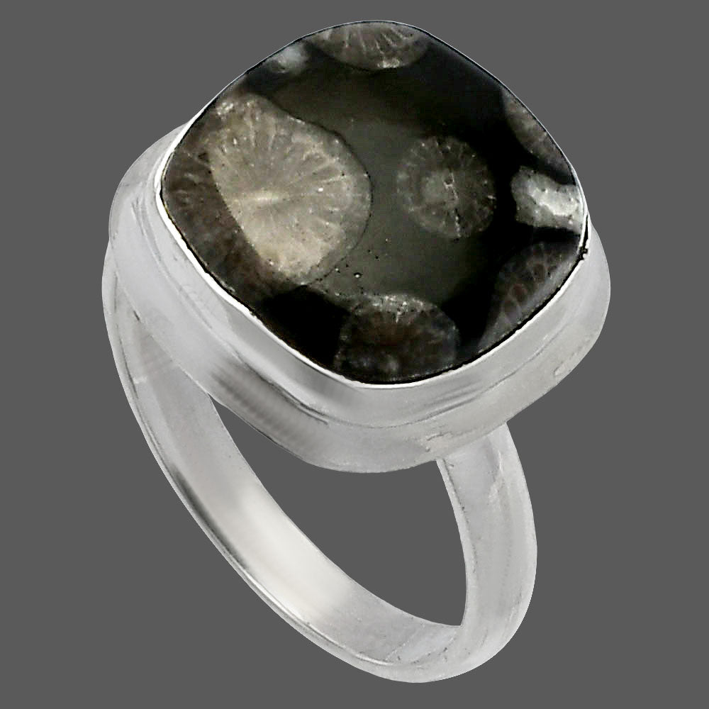 Natural Black Flower Fossil Coral Ring size-8 R-1007 SDR226313