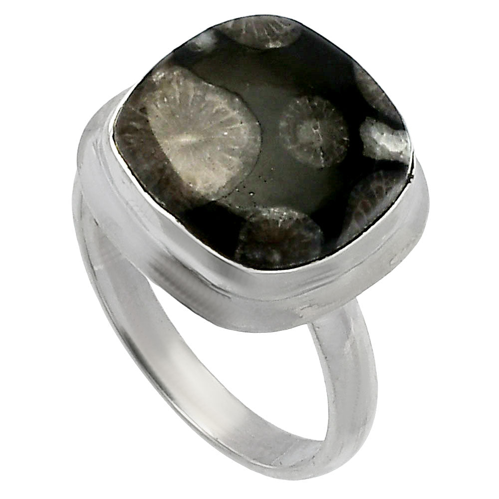 Natural Black Flower Fossil Coral Ring size-8 R-1007 SDR226313