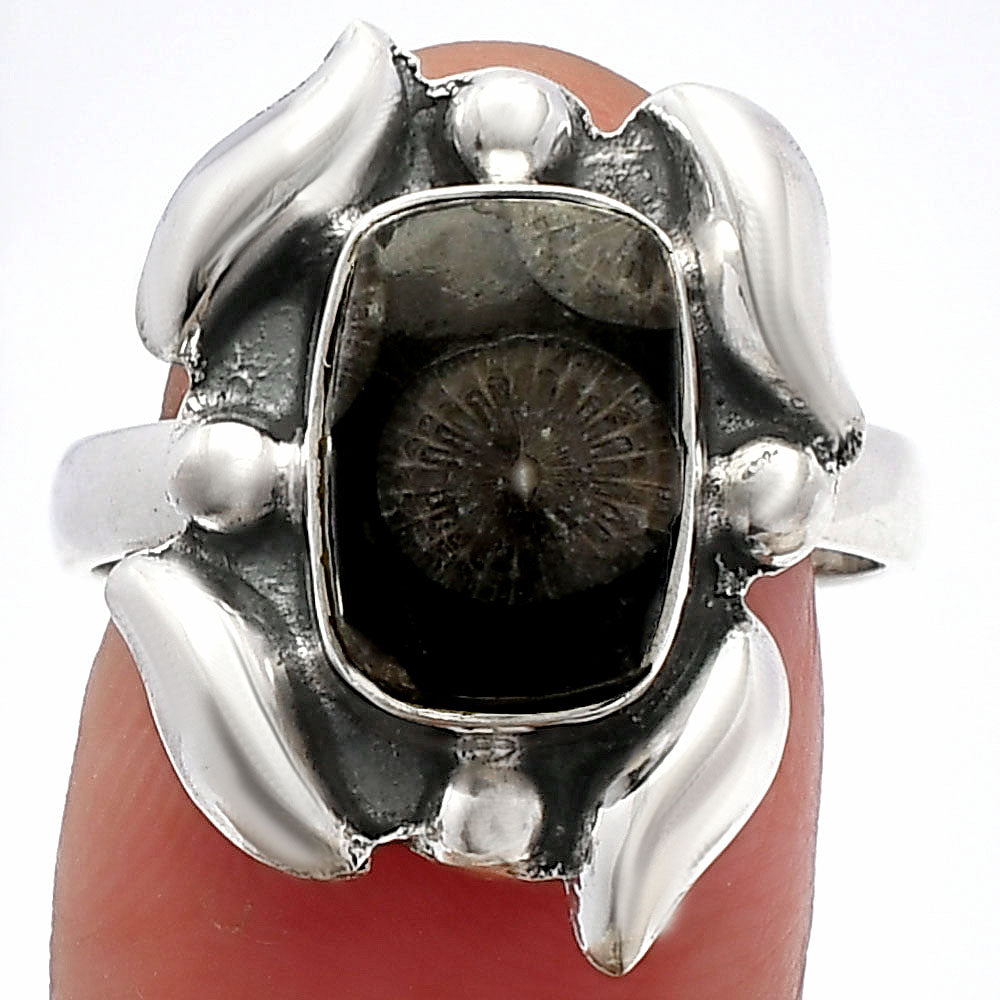 Natural Black Flower Fossil Coral Ring size-8 R-1125 SDR229617