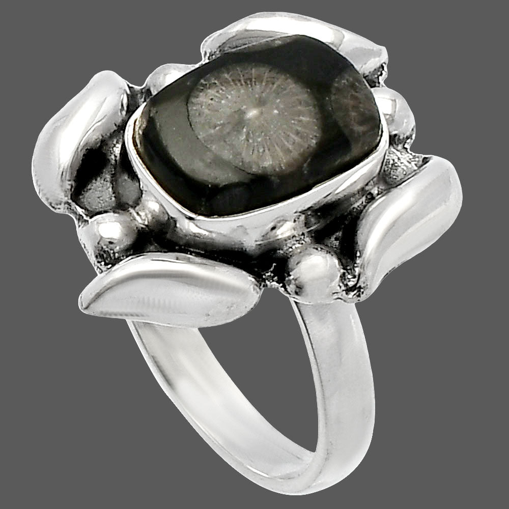 Natural Black Flower Fossil Coral Ring size-8 R-1125 SDR229617