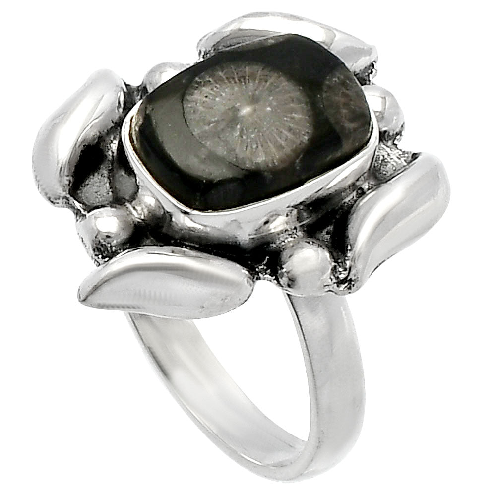 Natural Black Flower Fossil Coral Ring size-8 R-1125 SDR229617