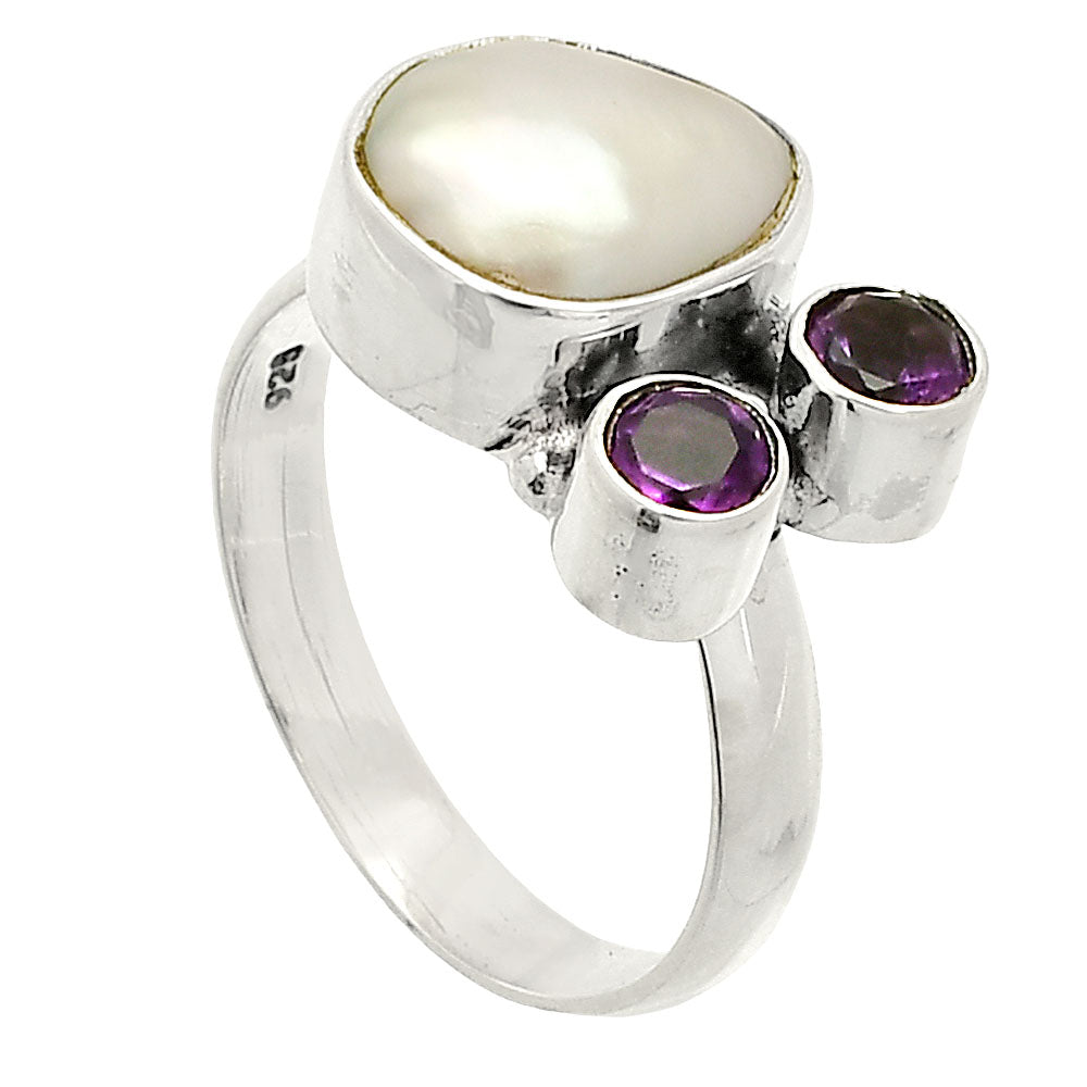 Natural Fresh Water Biwa Pearl & Amethyst Ring size-7.5 R-1122 SDR234895