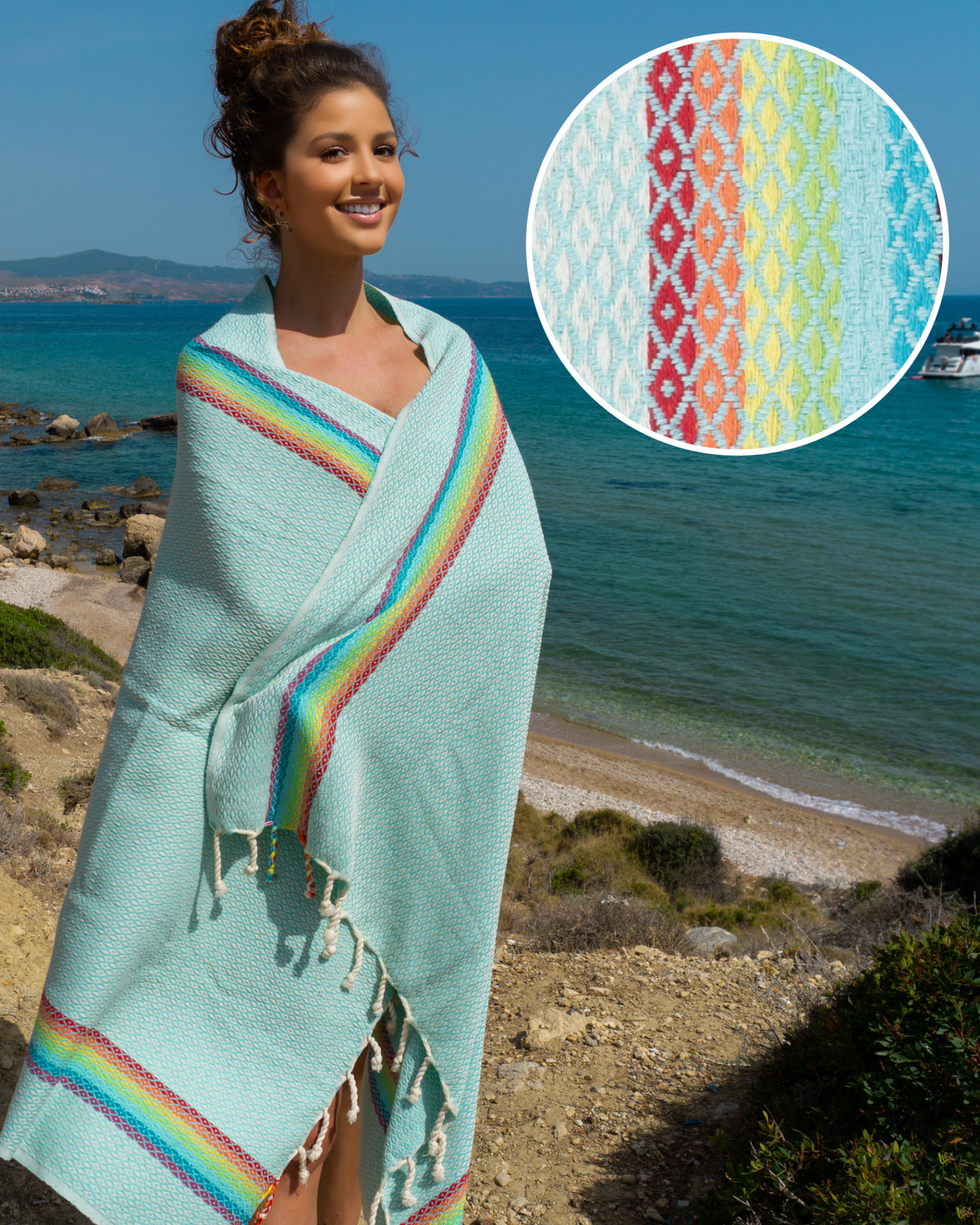 RAINBOW Beach Towel, Turkish Hammam Towel, Spa & Sauna Towel - Mint
