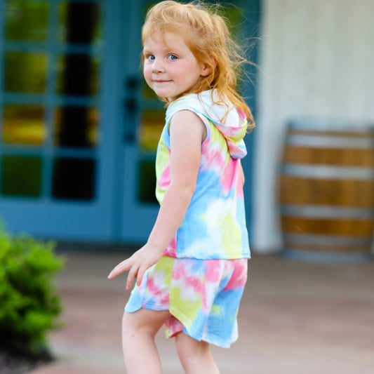 AL Limited Little & Big Girls Pastel Tie Dye Hoodie Top Shorts Camp Outfit