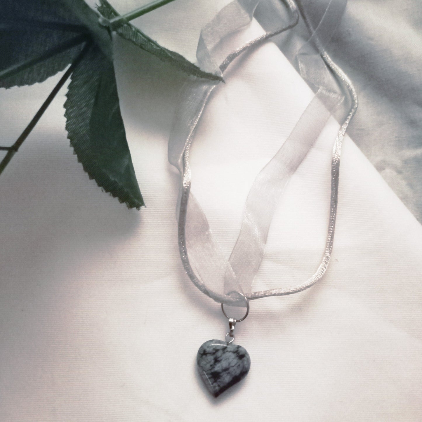 Snowflake Obsidian Necklace, Snowflake Obsidian Heart Necklace, Gemstone Pendant Necklace, Grey Organza Ribbon Necklace, Adjustable Necklace | by nlanlaVictory