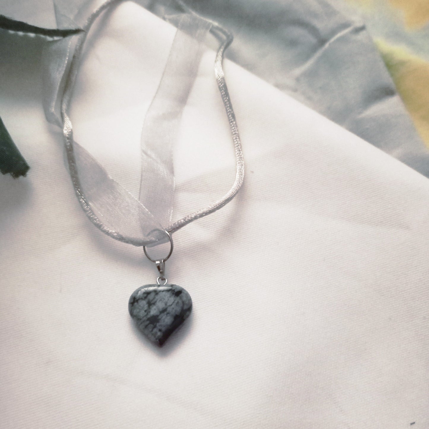 Snowflake Obsidian Necklace, Snowflake Obsidian Heart Necklace, Gemstone Pendant Necklace, Grey Organza Ribbon Necklace, Adjustable Necklace | by nlanlaVictory