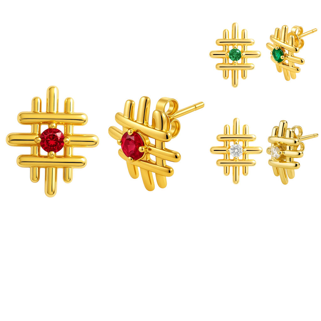 18K Gold Plated Grid Gemstone Stud Earrings, Elegant Modern Look TGE1034 EM-1289
