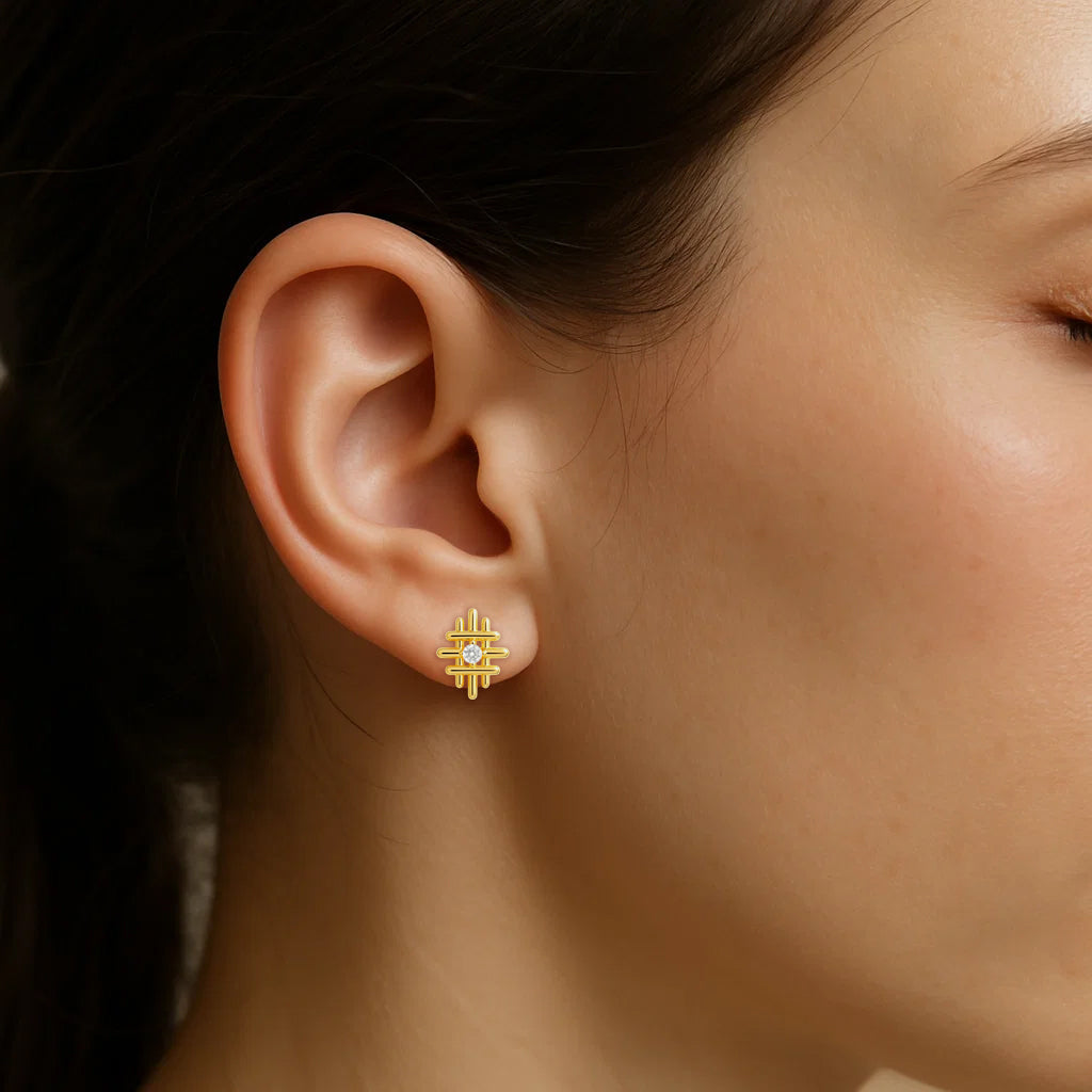 18K Gold Plated Grid Gemstone Stud Earrings, Elegant Modern Look TGE1034 EM-1289