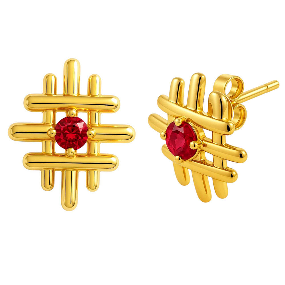 18K Gold Plated Grid Gemstone Stud Earrings, Elegant Modern Look TGE1034 EM-1289