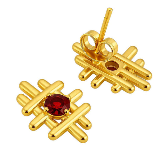 18K Gold Plated Grid Gemstone Stud Earrings, Elegant Modern Look TGE1034 EM-1289