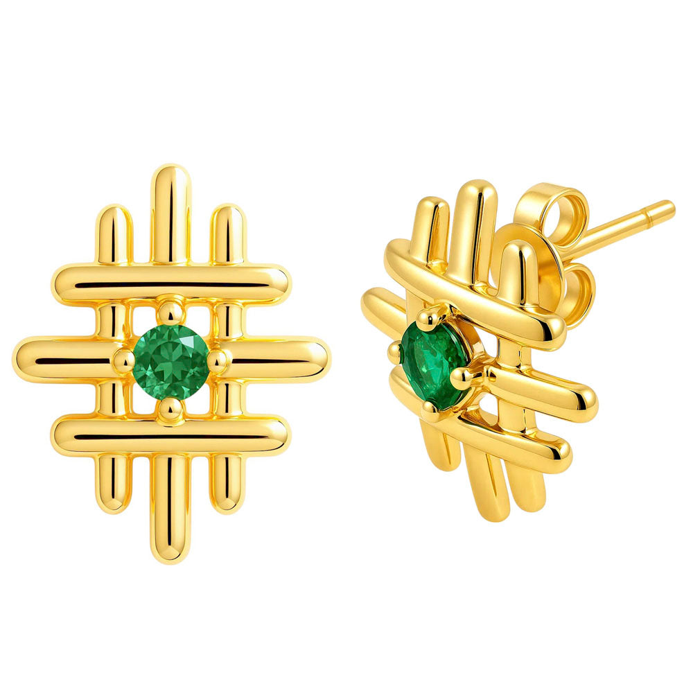 18K Gold Plated Grid Gemstone Stud Earrings, Elegant Modern Look TGE1034 EM-1289