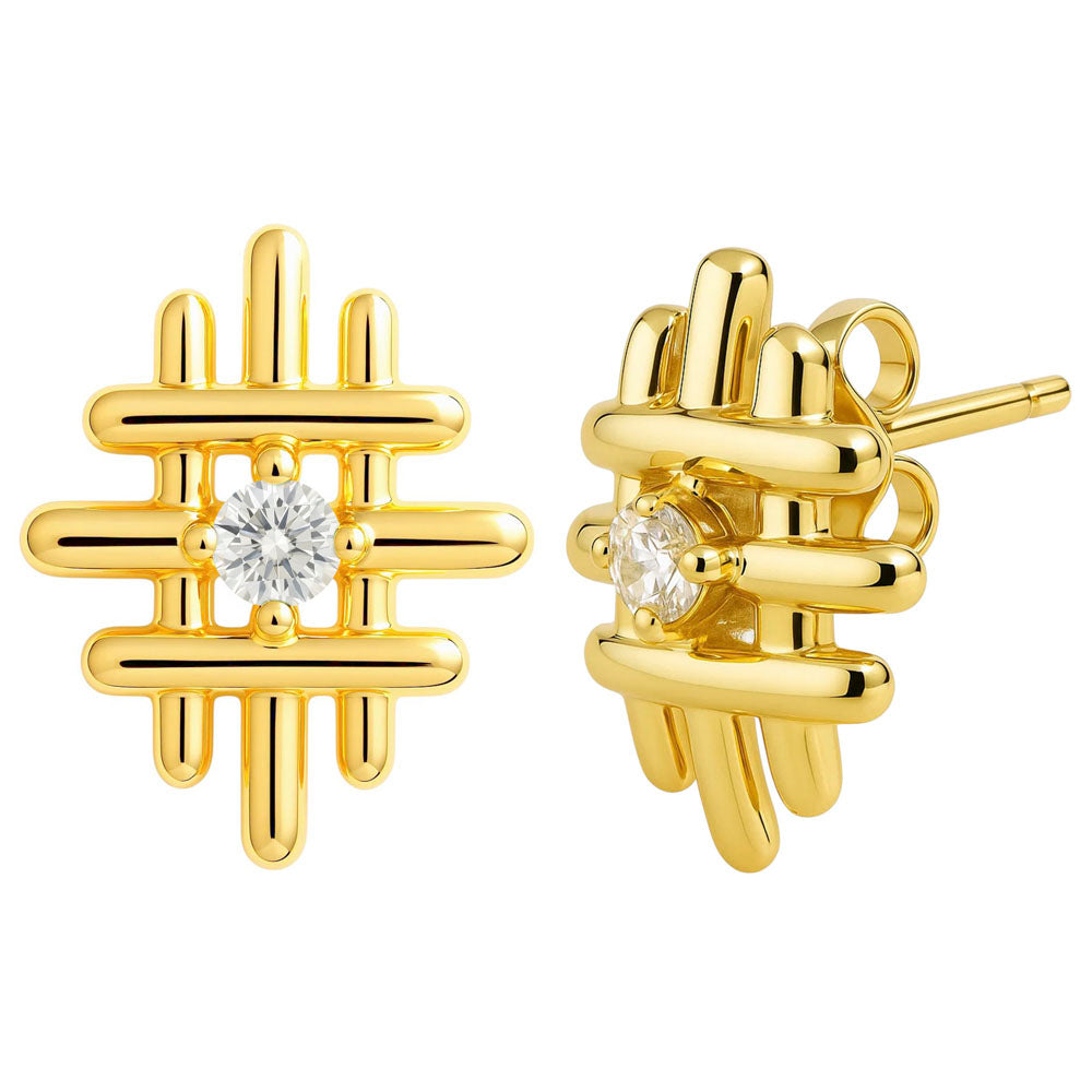18K Gold Plated Grid Gemstone Stud Earrings, Elegant Modern Look TGE1034 EM-1289