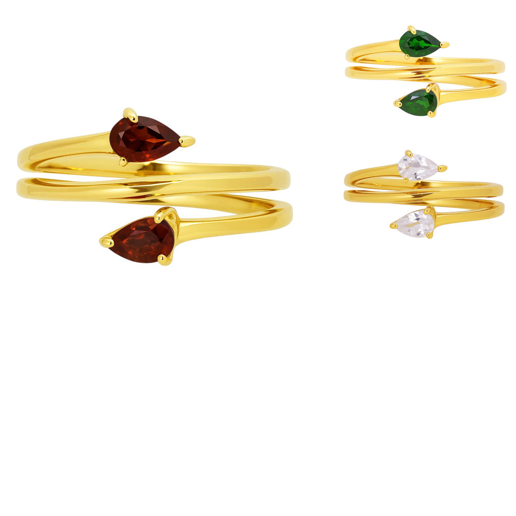 18K Gold Plated Double Pear Wrap Ring – Dainty Gemstone Adjustable TGR1058 RM-1781