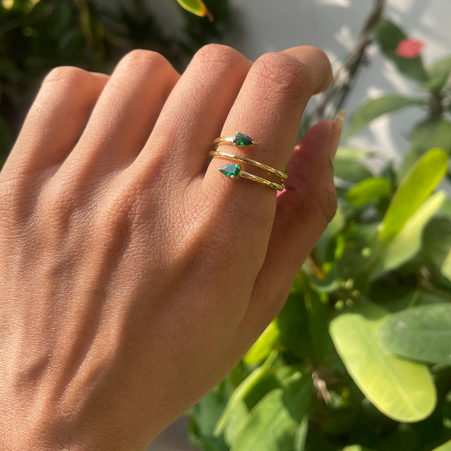 18K Gold Plated Double Pear Wrap Ring – Dainty Gemstone Adjustable TGR1058 RM-1781