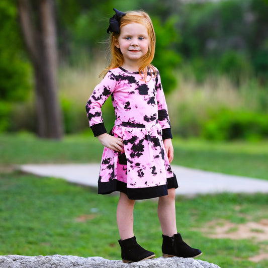 AnnLoren Girls Boutique Pink Black White Tie Dye Long Sleeve Cotton Dress