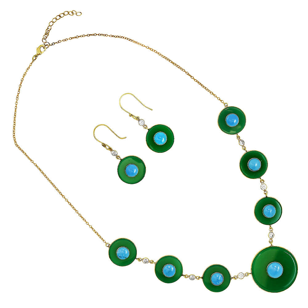 18K Gold Plated Green Onyx, Turquoise & Zircon Necklace Earrings Set TT01021