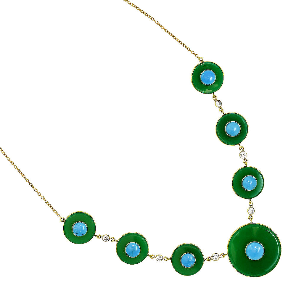 18K Gold Plated Green Onyx, Turquoise & Zircon Necklace Earrings Set TT01021