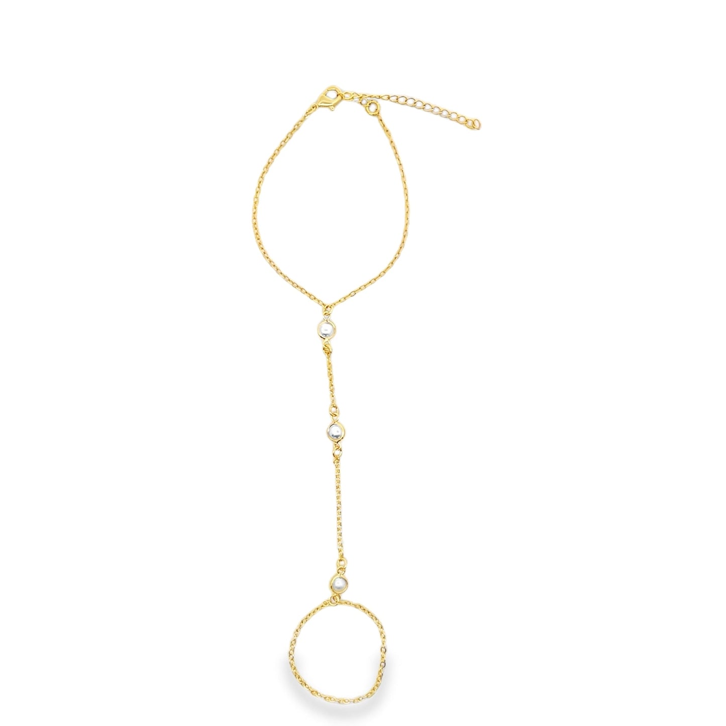 Round Pearl Charm Station Hand Chain Bracelet (I111)