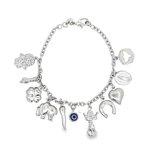 Charm Bracelet With Protection Charms, Hand of Hamsa, Four Leaf Clover, Evil Eye, Elephant Charms (I199)