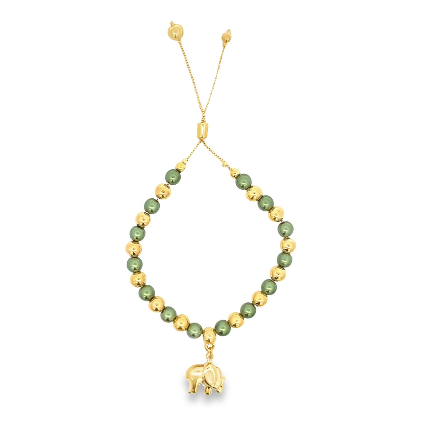 Elephant Charm Gold Green Beaded Adjustable Bracelet (I399)