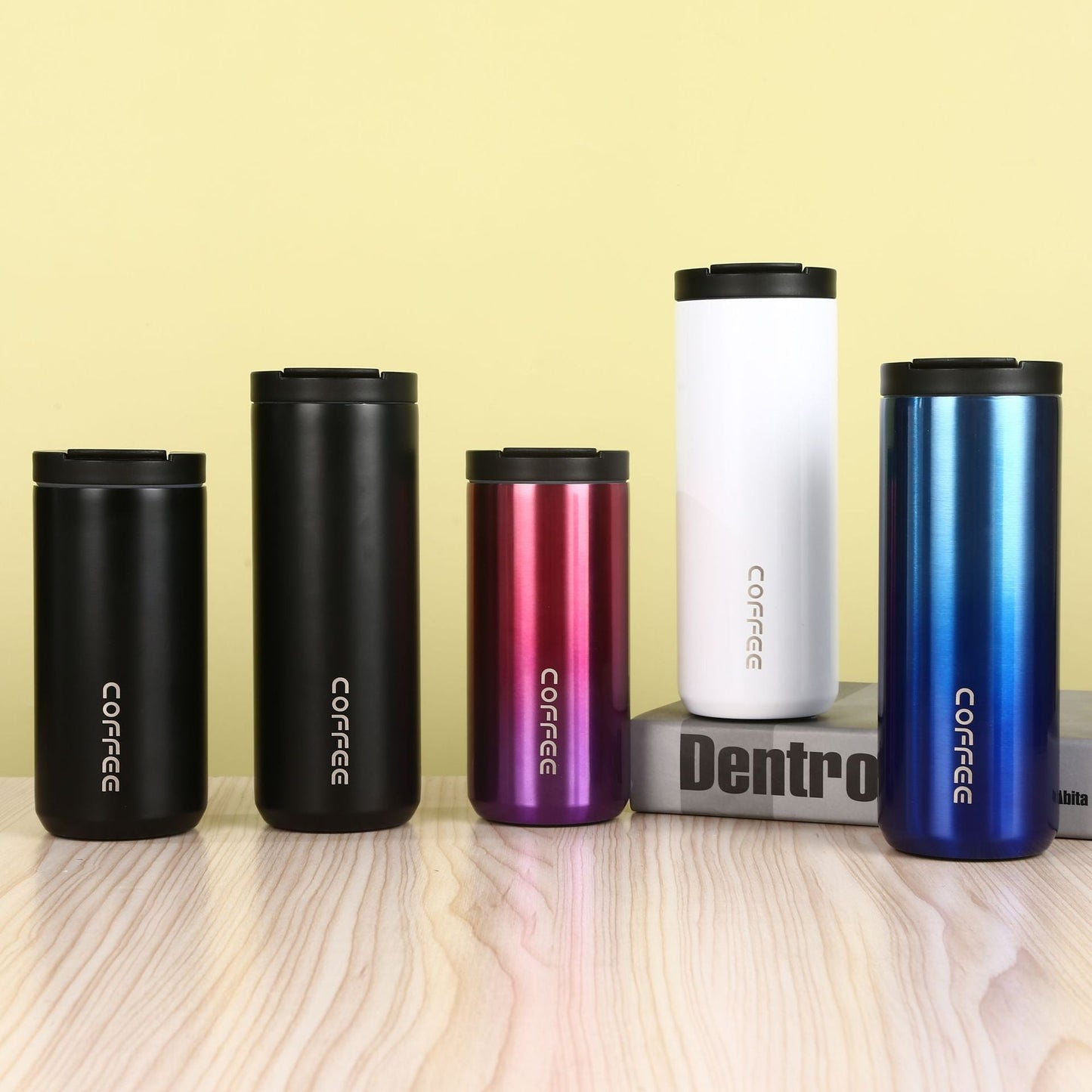 Gold Sleek Insulated Stainless Steel Coffee Tumbler Set (400ml & 500ml) - One-Touch Lid Travel Mugs