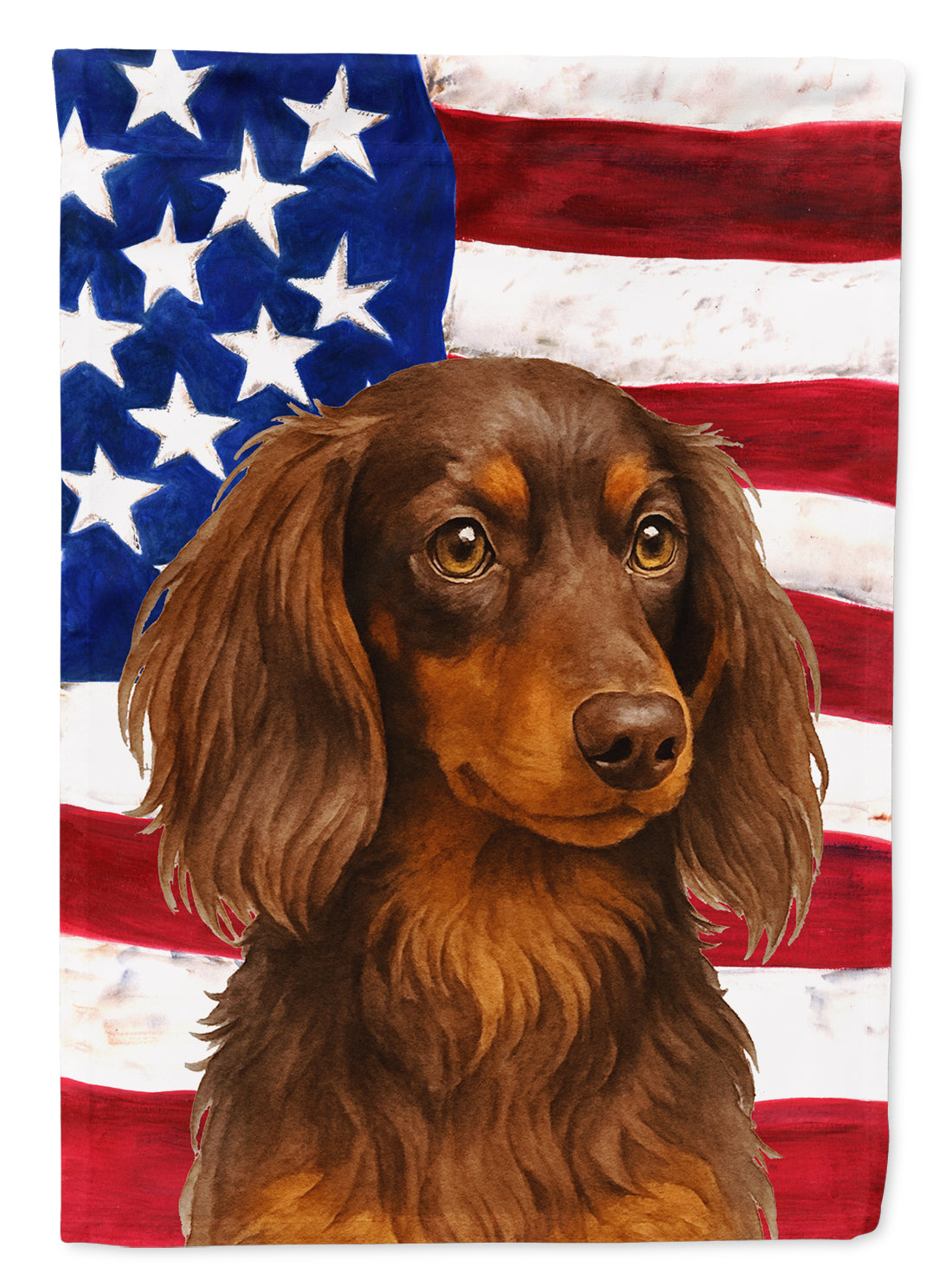Longhaired Chocolate and Tan Dachshund American Flag House Flag