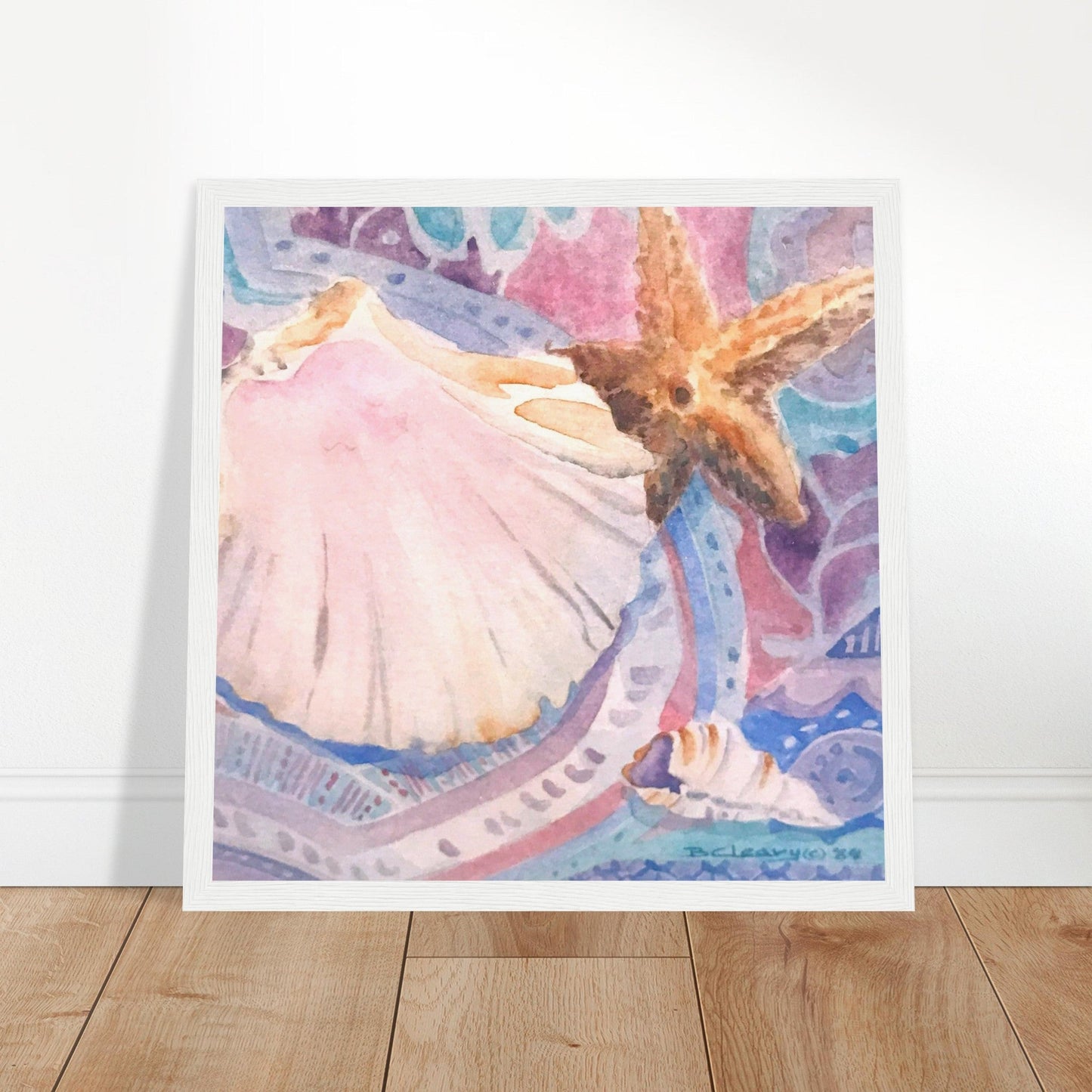 'Starfish' Watercolor I 12x12 inch Wooden Framed Art Print I Original Artwork by American Artist Barbara Cleary
