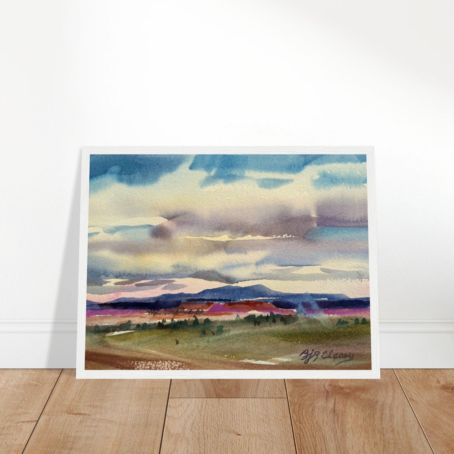 ‘Tranquil Mountain View 1’ Landscape Watercolor | 12x16 Wooden Framed Art Print | Original Artwork by American Artist Barbara Cleary