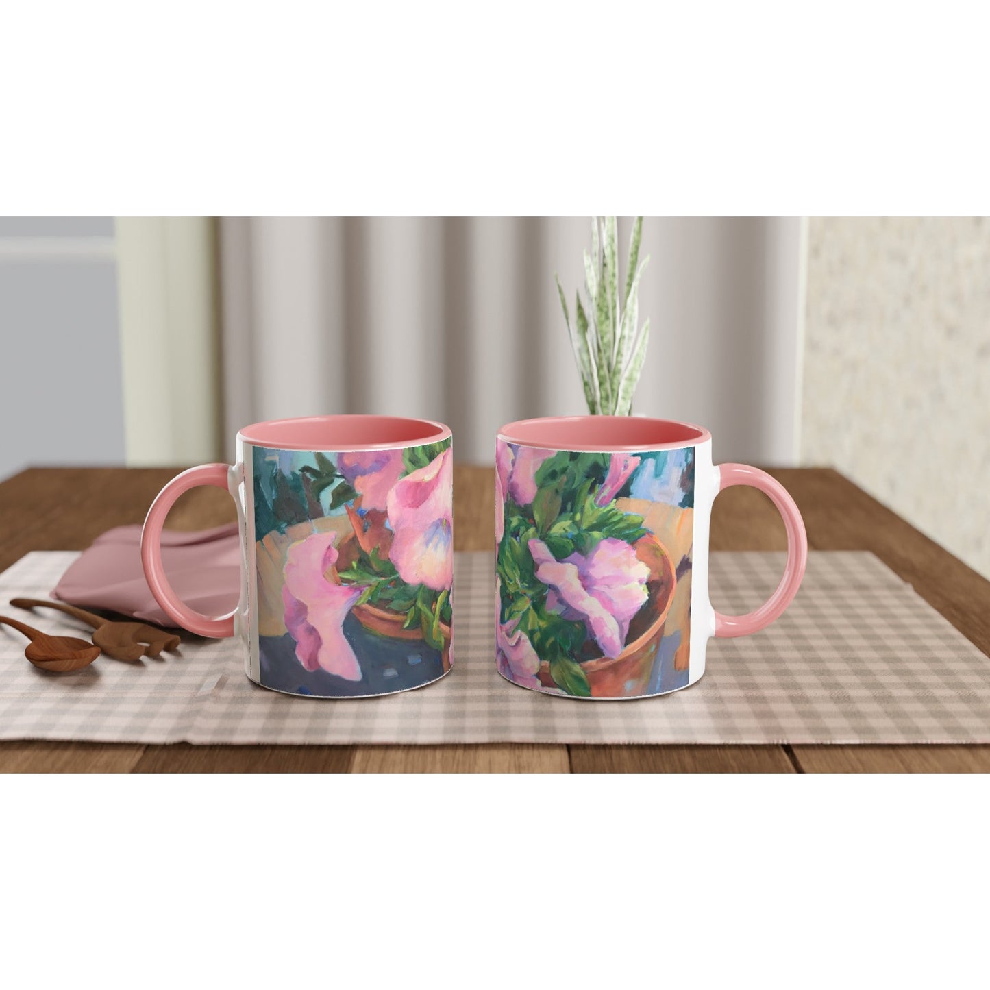 'Pink Petals in Bloom'  11oz White Ceramic Mug with Color Inside | Coffee Cup with 'May's First Born' Floral Artwork by American Artist Barbara Cleary
