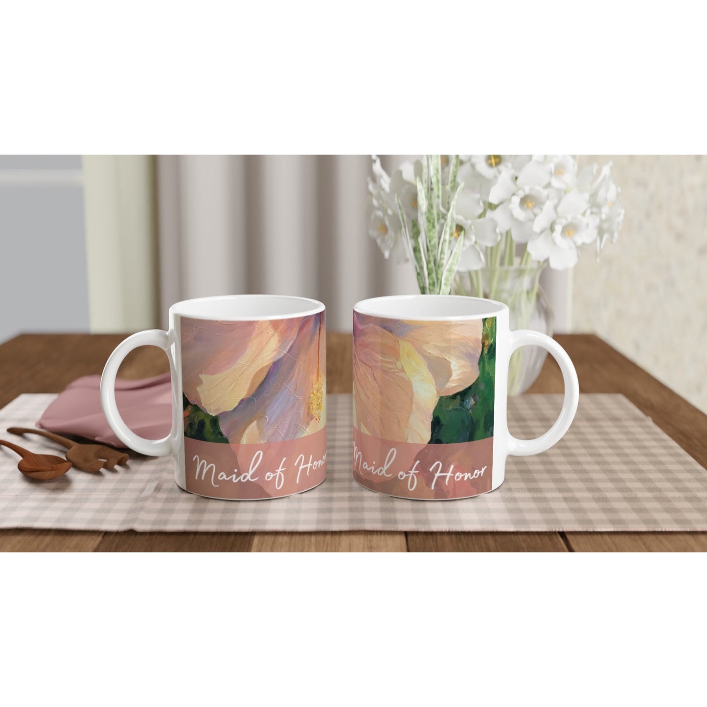 'Maid of Honor' 11oz White Ceramic Mug | Bridal Collection with 'Hibiscus' Artwork by American Artist Barbara Cleary