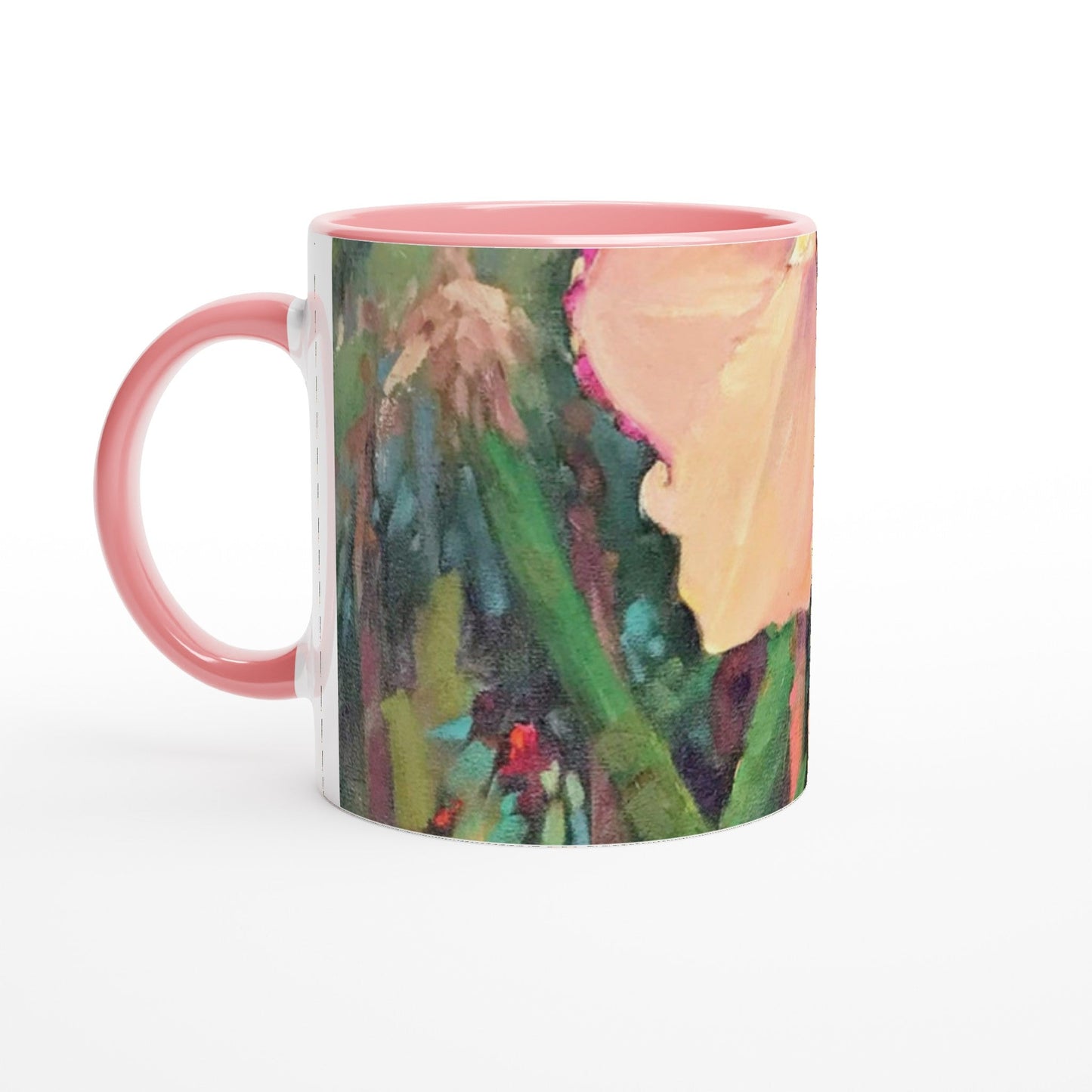 11oz White Ceramic Mug with Color Inside | Coffee Cup with 'Pink Orchid' Watercolor Artwork by American Artist Barbara Cleary