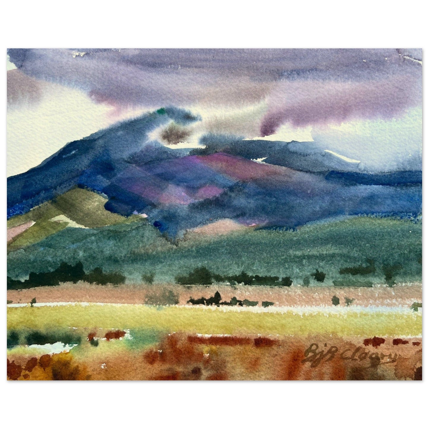 ‘Tranquil Mountain View 2’ Landscape Watercolor I 16x20 Museum-Quality Matte Paper Poster | Original Artwork by American Artist Barbara Cleary