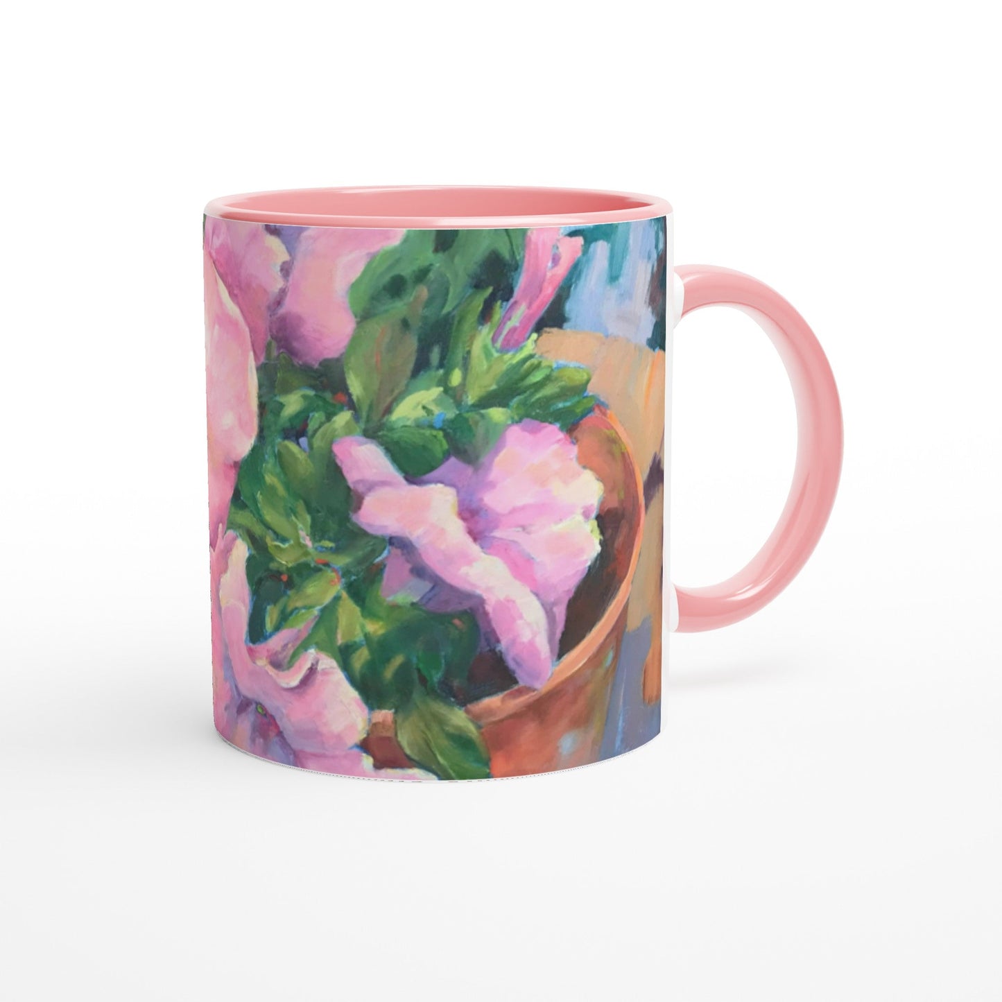 'Pink Petals in Bloom'  11oz White Ceramic Mug with Color Inside | Coffee Cup with 'May's First Born' Floral Artwork by American Artist Barbara Cleary