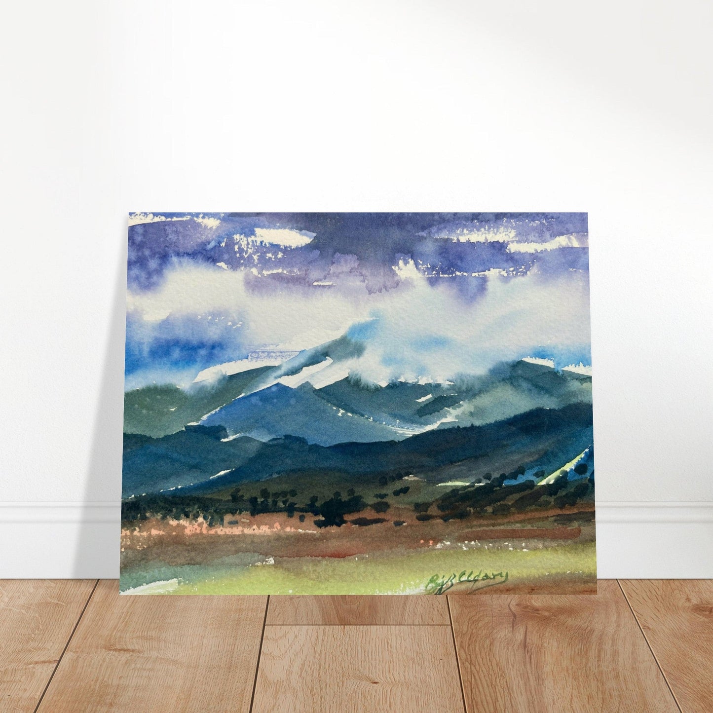 ‘Tranquil Mountain View 3’ Landscape Watercolor I 16x20 Museum-Quality Matte Paper Poster | Original Artwork by American Artist Barbara Cleary I F98