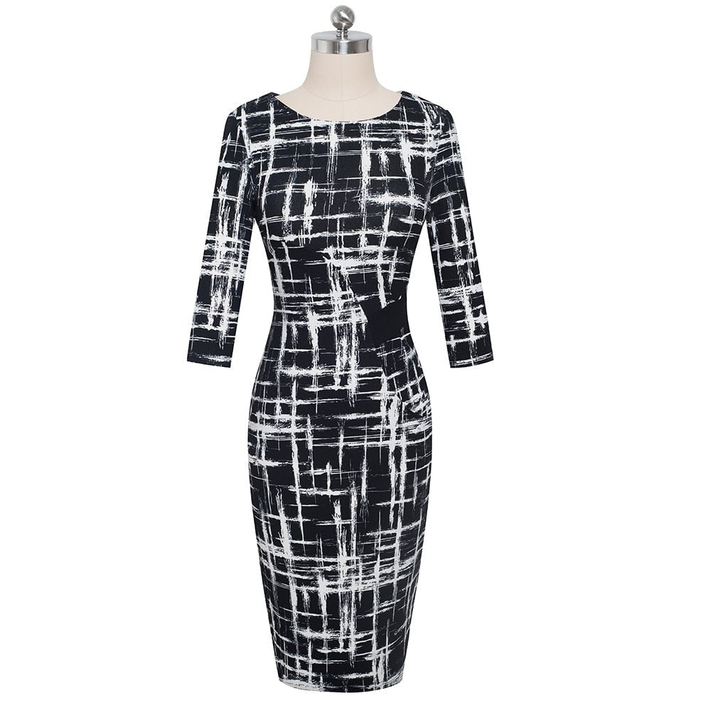 Autumn Elegant Printed Patchwork Dresses Business Bodycon Fitted Women Office Dress